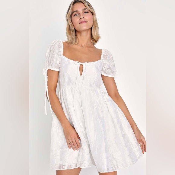 Lulus Exceptionally Angelic White Floral Puff Sleeve Mini Dress - Picture 1 of 5